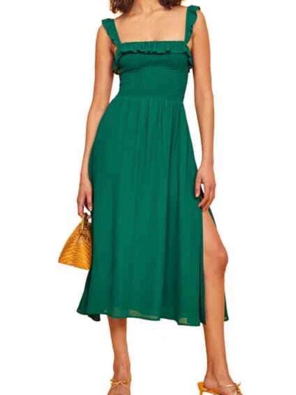 Reformation Siesta Emerald Green Ruffle Smocked Midi Dress Size M EUC